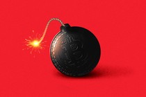 A bomb with a burning fuse is engraved with the Bitcoin logo.