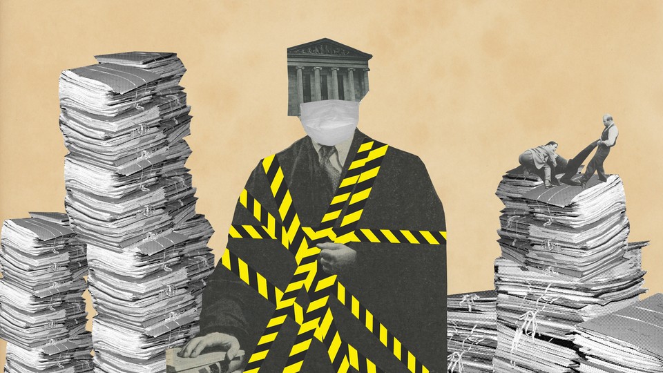 Illustration of court cases piled up and a judge caught in the middle