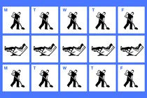 A calendar showing a week of a person shoveling, followed by a week resting in a recliner, followed by a week shoveling.