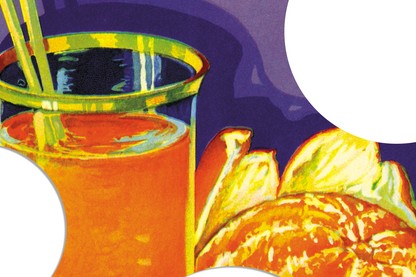 A retro illustrated advertisement for orange juice "grown in the U.S.A.," featuring a tall glass of juice with a straw and a partially peeled orange.