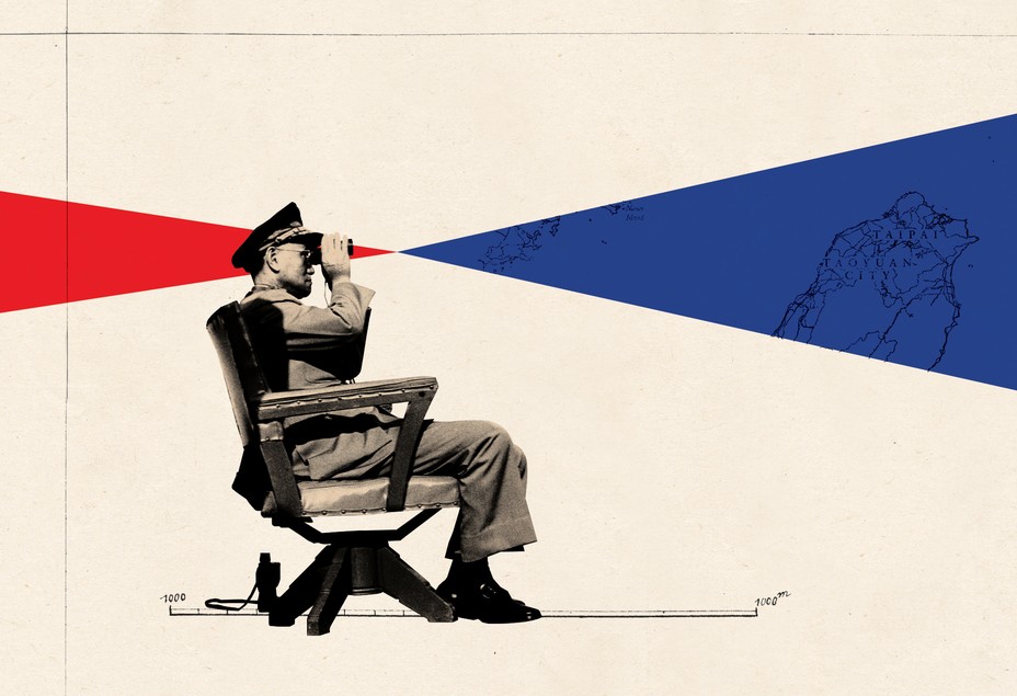 Illustration with photo of man in military uniform sitting in chair looking with binoculars toward map over red and blue geometric shapes