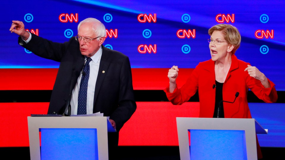 Bernie Sanders and Elizabeth Warren at Tuesday's Democratic debate
