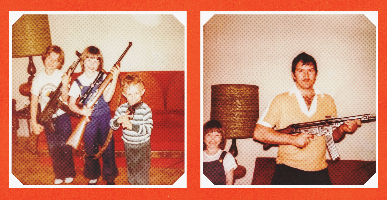 two color candid photos: 3 small children holding various guns in living room; man holding large gun next to smiling child