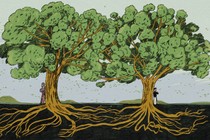 An illustration of two trees, connected at the roots and at the top, with a person standing at each tree