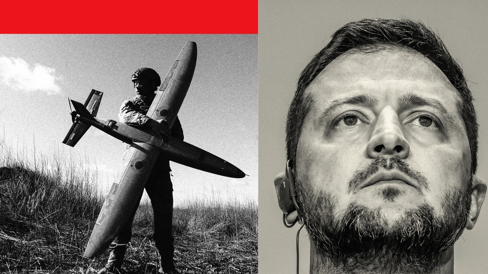 A collage of Zelensky and a Ukranian military soldier holding a Ukranian made drone
