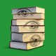 A stack of books with eyes on the pages