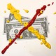 An illustration of dollar bills with an "X" splattered on top in mustard and ketchup