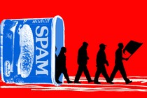 An illustrated SPAM can lays on its side, with picketing workers walking out in defiance.