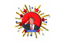 A red pin with an image of Donald Trump saluting.