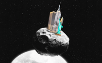 Illustration of the Statue of Liberty, Empire State Building, and Chrysler Building balanced on a small asteroid