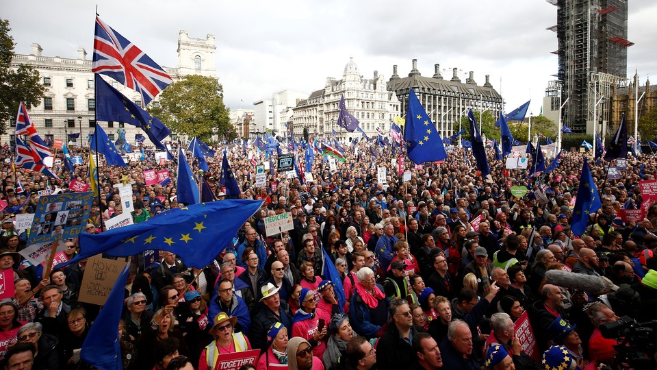 Anti-Brexit demonstrators attend a rally in central London.