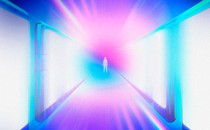 Illustration: small abstract human figure stands in between rows of huge glowing smartphone screens