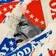Illustration of voting stickers surrounding a small picture of Donald Trump's face