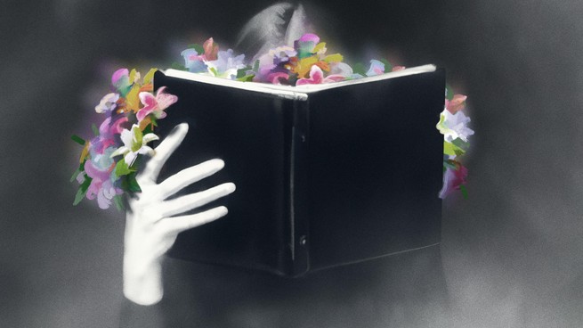 A woman reading a book that flowers are coming out of