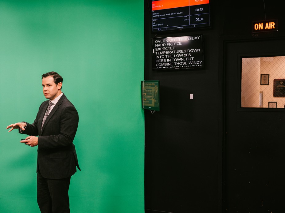 Shel Winkley, Chief Meteorologist for the PinPoint Weather Team at KBTX news staton, was seen at the KBTX studios in Bryan, Texas on February 2, 2022. (Photograph by Christopher Lee for The Atlantic)