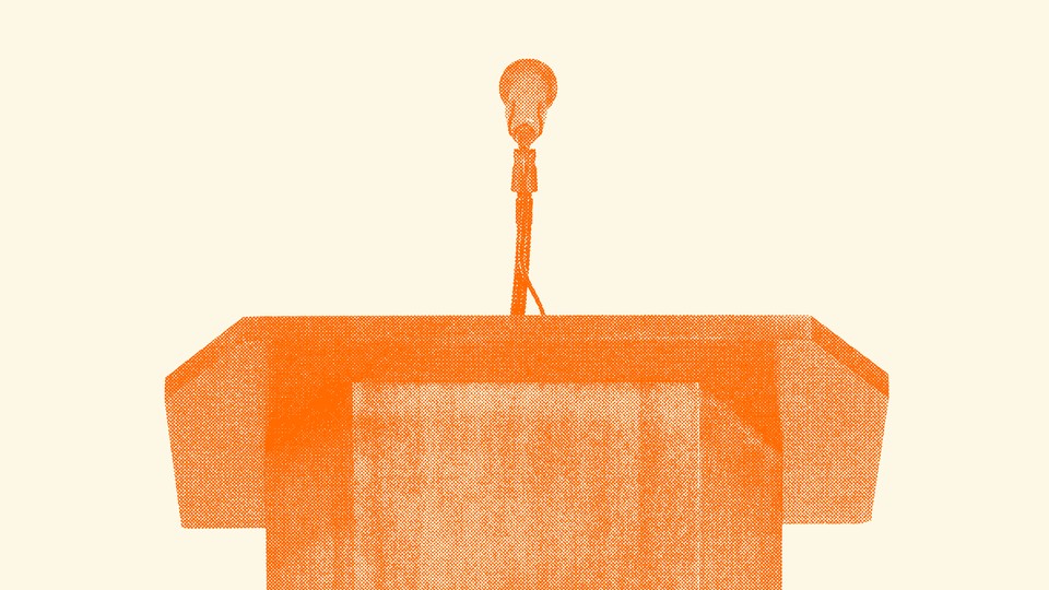 A photo illustration of a podium and microphone