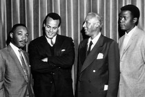 Martin Luther King, Jr., Harry Belafonte, A. Philip Randolph, and Sidney Poitier pictured circa 1960.