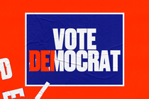 An illustration of a sign that reads "Vote Democrat" with the D, E, and half of the M (which looks like an I) falling off