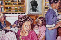 a painting of a group of women in the '70s with a painting of Joetha Collier in the background