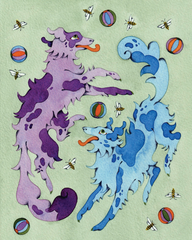 illustration of playful purple dog and blue dog romping with tongues out, surrounded by striped balls and bees