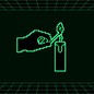 A pixelated hand lights a candle, set against a green-and-black-grid