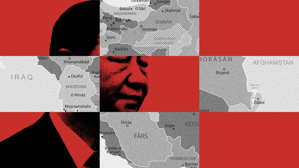 A red and black photo of Xi Jinping is superimposed in a checkerboard pattern over a black and white map of Iran.