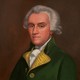 illustration of William Franklin seated, with powdered wig, wearing white shirt collar and dark green jacket with yellow lapels, in the style of an oil painting