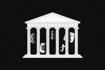 The Supreme Court building with tech companies' logos between the pillars