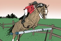An illustration of a rider jumping a horse over a hurdle that looks like a syringe