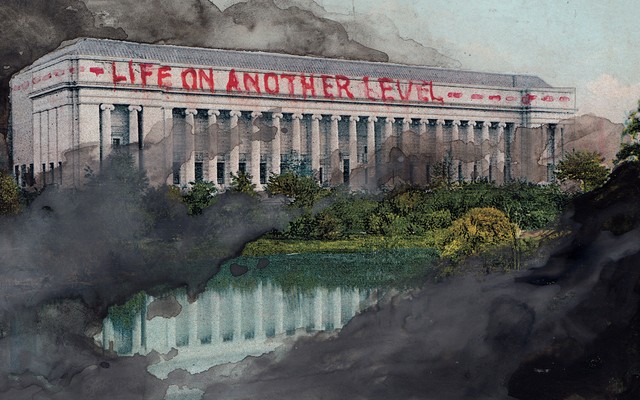 A postcard showing the Museum of Fine Arts in Boston with "life on a another level" written across it in red letters