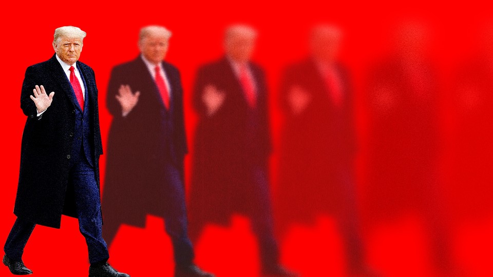 Illustration of Trump waving and disappearing.