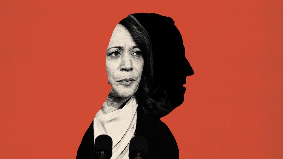A photomontage featuring Kamala Harris