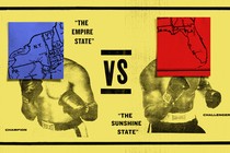Illustration showing an advertisement for a boxing match, but the faces of the boxers are replaced with maps of New York and Florida