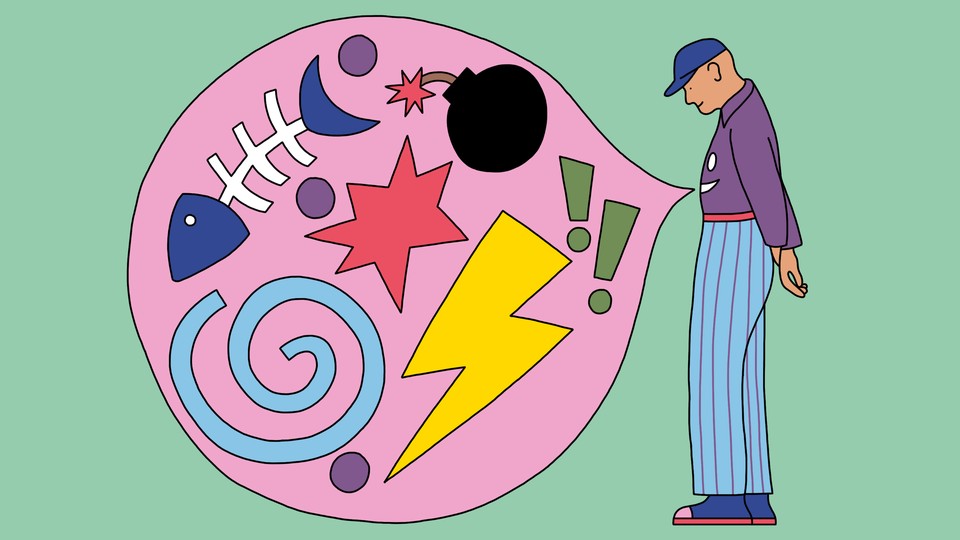 An illustration of a man with a large, pink word bubble emerging from his gut; it contains a hodgepodge of symbols: a spiral, a lightning strike, a bomb, two exclamation marks, a star, and a fish skeleton.