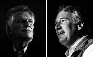 A black-and-white diptych of photos of the Virginia gubernatorial candidates Glenn Youngkin and Terry McAuliffe