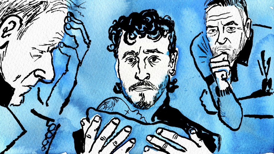 Illustration of Paul Mescal, George Clooney, and Stellan Skarsgård on a blue background