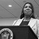 Black and white photograph of New York Attorney General Letitia James speaking behind a podium