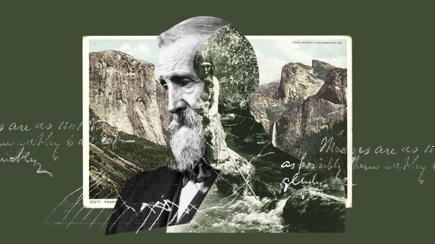 A collage of John Muir against a forest green background and images of mountains and a Native American person