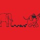 Illustration of two elephants, one standing quietly and one stampeding, separated by footprints on a field of red.
