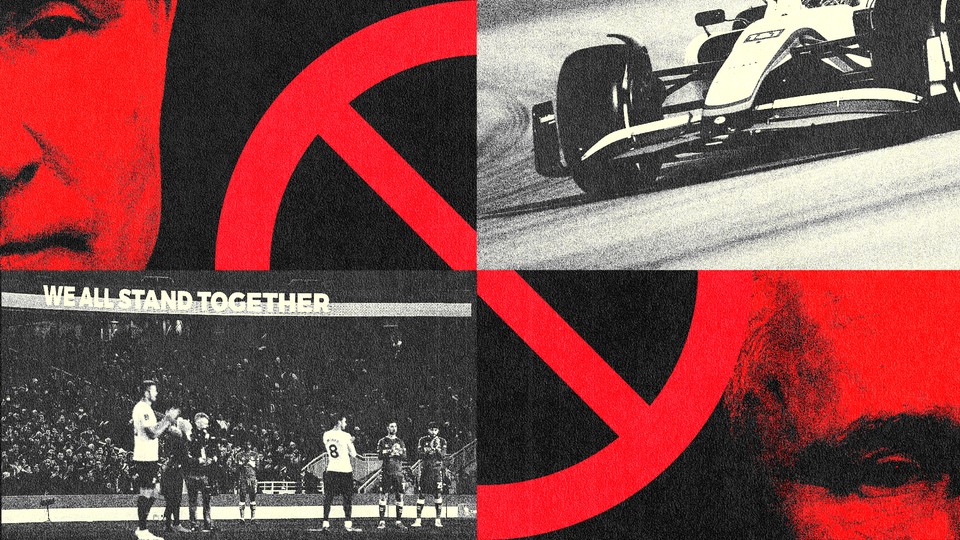 A collage of Vladimir Putin, a soccer match, and a race car