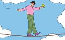 An illustration of a person in colorful clothing walking along a tightrope while wearing a blindfold and holding a smiley face