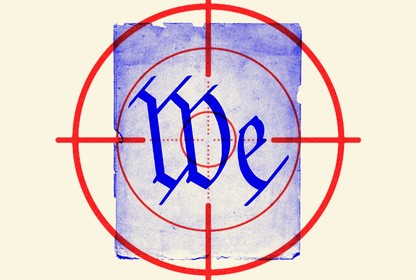 An illustration of the word "We" from the U.S. Constitution on a blue piece of parchment paper in the crosshairs of a red target
