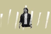 An illustration featuring a grainy black-and-white image of Victoria Obidina, a Ukrainian paramedic who was held as a POW in Russia