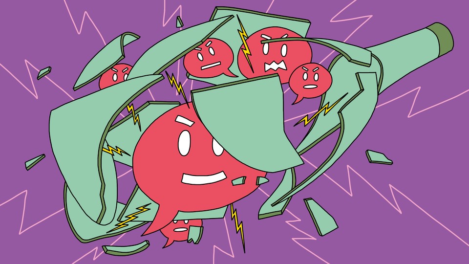 An illustration of a breaking bottle with drops of liquid bursting out, some with happy faces, some with angry ones