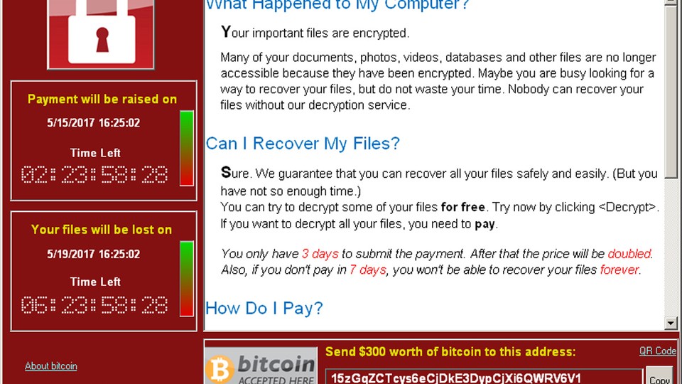A WannaCry ransomware demand, provided by cyber security firm Symantec