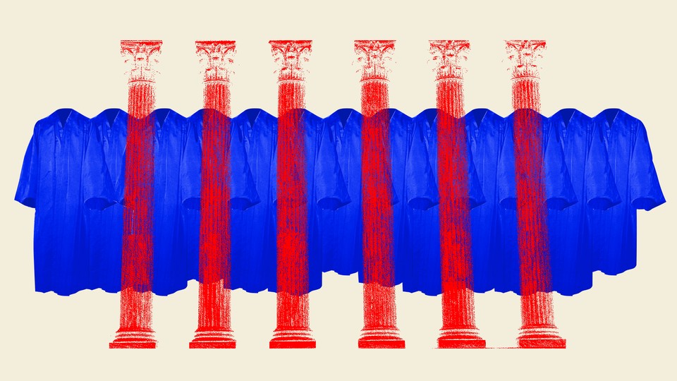 An illustration of judicial robes and columns.