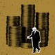 An illustration of Donald Trump walking past giant piles of coins