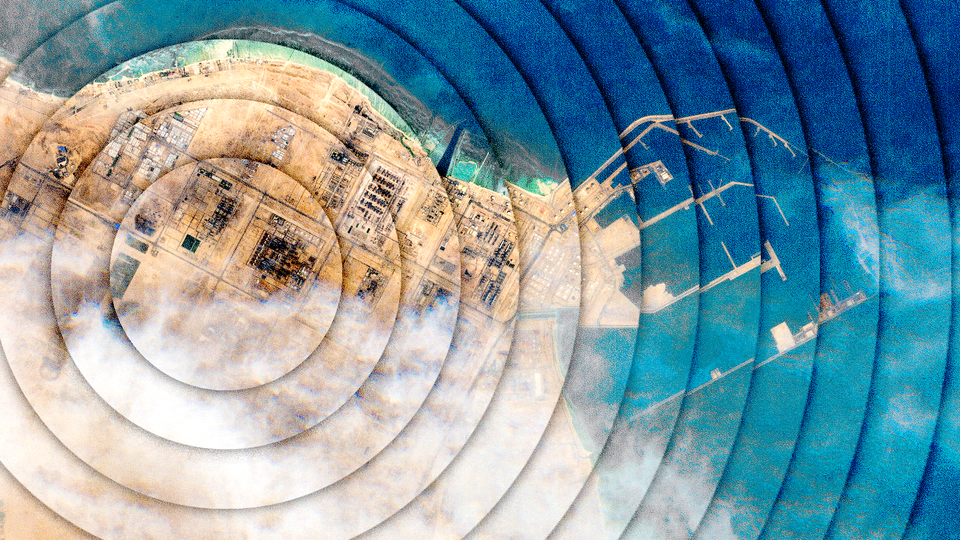 An illustration of rippling concentric circles overlayed on an overheard view of the Qatari LNG energy plant