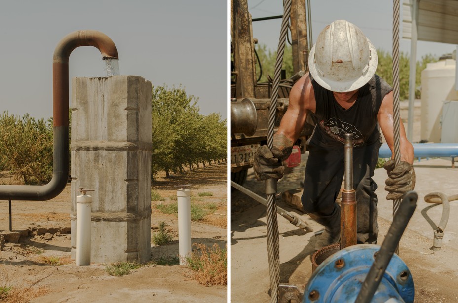 Diptych of a water supply on an orchard and a worker pulling up well pipes to diagnose them.