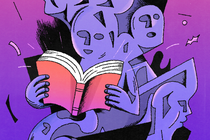 A many-faced purple figure reading a book